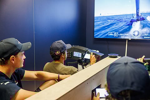 Alinghi Red Bull Racing base: Kai Lenny of the United States seen in the simulator